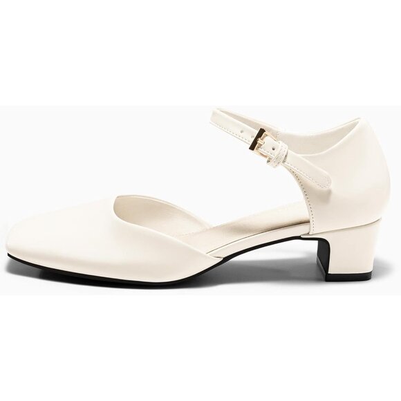 Womens Chunky White Heels Ankle Strap Square Toe Dress Pumps Work Party Shoes - Picture 2 of 5